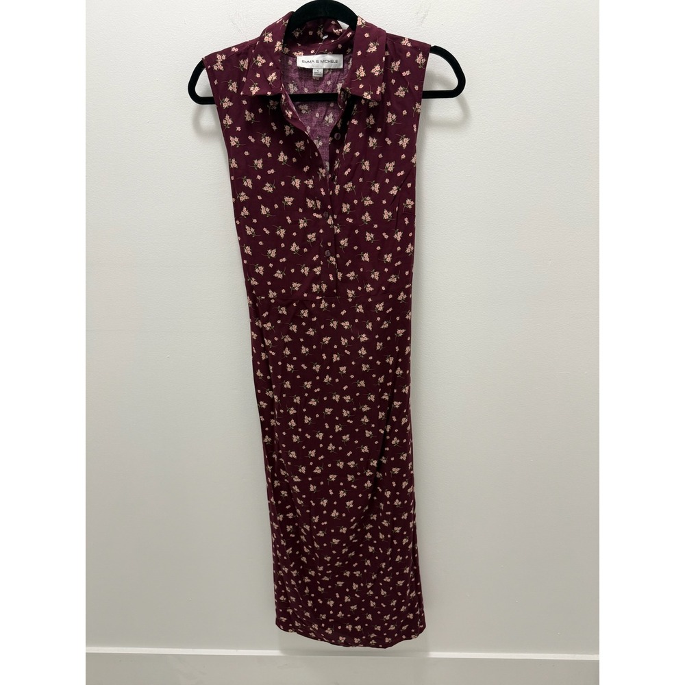 Emma & Michele Burgundy Floral Sleeveless Midi Dress Tie Back Rayon Size S